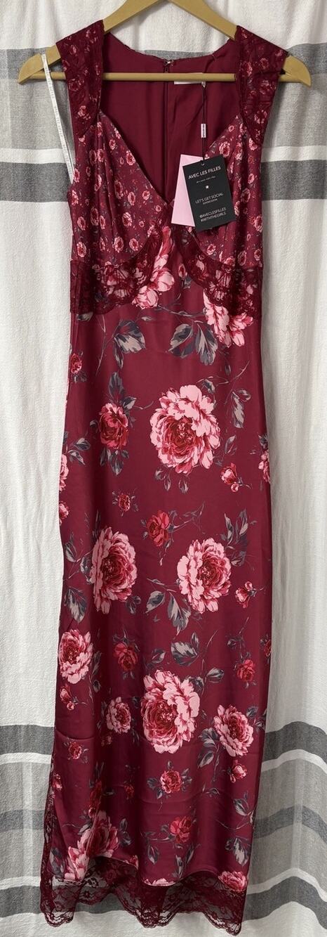 NWT Avec Les Filles Bias Cut Lace Trim Slip Maxi Dress Women Size 4 Satin Floral